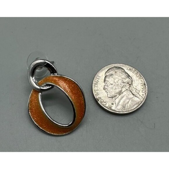 3/$30 Oval Link Earrings Orange Enamel Silver Tone Pierced Statement Shimmer 1" - Picture 6 of 9